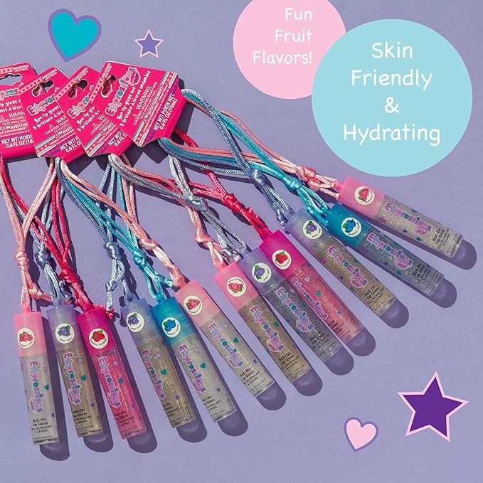 12pc Lip Gloss Necklace, Fruit Flavored Lip Gloss Set, Value Pack, Teen Girls Party Favors, Non Toxic Lip Gloss Necklaces For Girls