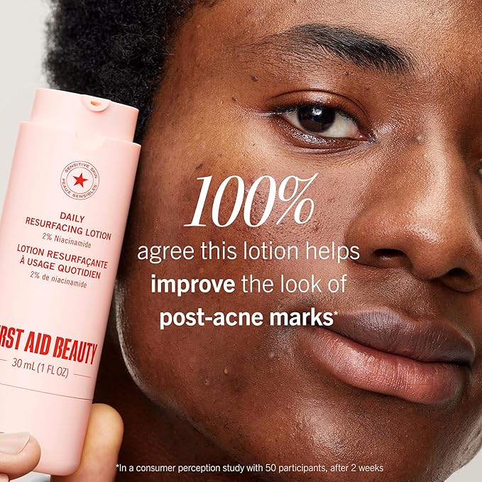 First Aid Beauty Lactic Acid Lotion for Acne-Prone Skin with 2% Niacinamide - Resurfacing Lotion Moisturizes & Visibly Diminishes Post-Acne Marks, (1.0 oz)