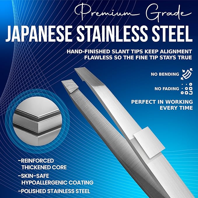 Slanted Stainless Steel Tweezers for Men & Women - Precision Eyebrow Tweezers for Facial Hairs, Strong Grip, Fine Tip, Professional Tweezer for Plucking & Grooming (Classic Stainless)