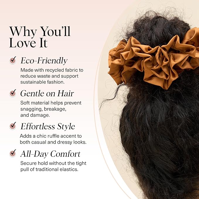 Kitsch Recycled Satin Ruffle Scrunchie – Gentle Hair Scrunchie for Women, Eco-Friendly Hair Tie No Damage, Stylish Ponytail Holder | Ideal Gifts for Women - Camel