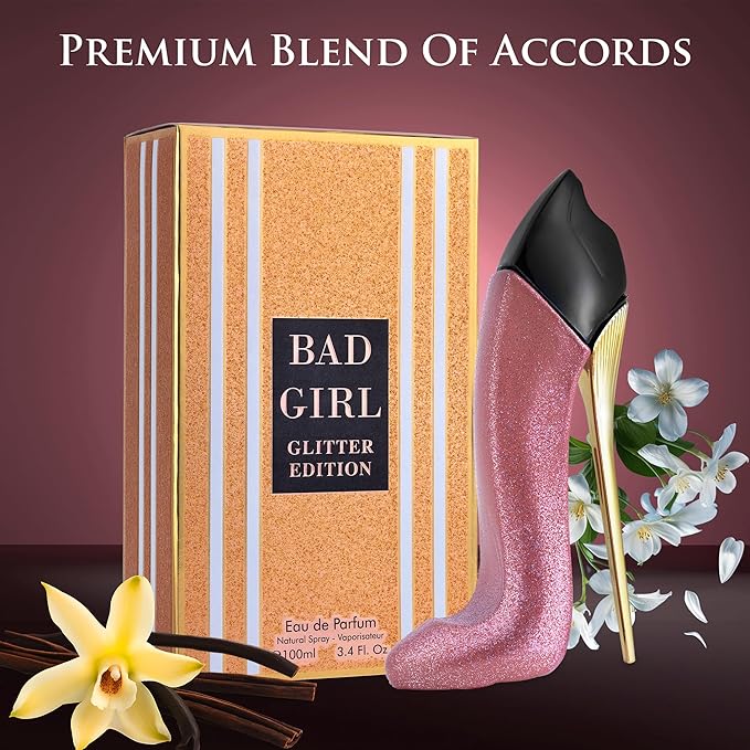 Bad Girl Glitter Edition - Oriental Floral Fragrance For Women - Top Notes of Almond, Coffee, Bergamot & Lemon - Base Scent of Tonka Bean, Cacao, Vanilla, Cashmere & Cinnamon - Elegant 100ml Bottle