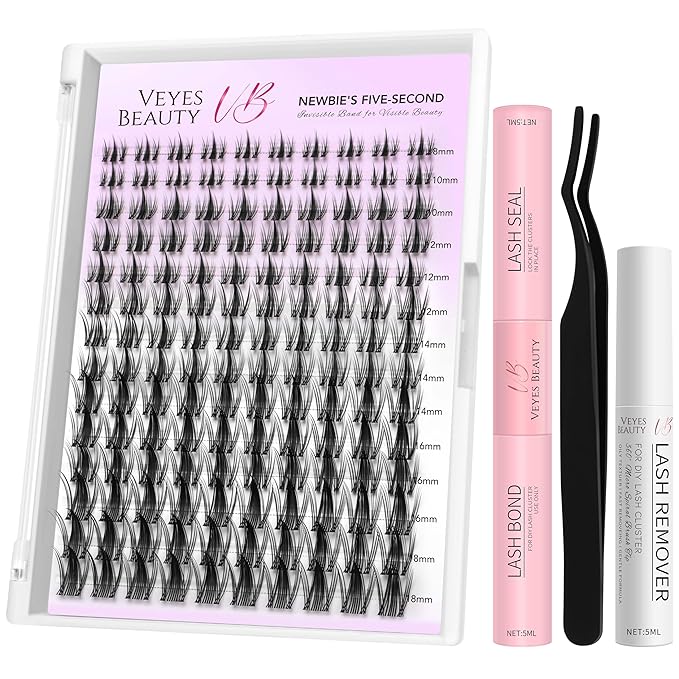 VEYESBEAUTY Lash Clusters Kit Eyelash Extensions Thin & Invisible Band DIY Individual False Eyelashes Newbie's Five-Second Series Wispy Lash Tray for Self-application, Manga Lash 8-16mm Mixed Length