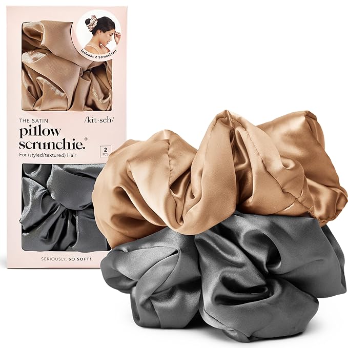 Kitsch Satin Scrunchies for Women - No Crease Hair Ties for Girls | Big Scrunchies for All Hair Types and Textures, Perfect for Day or Night | Ideal Gifts for Women - 2 Pcs, Charcoal and Gold